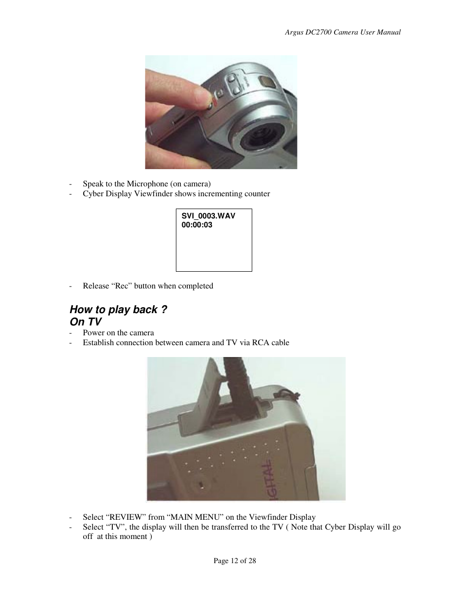 How to play back ? on tv | Argus Camera DC2700 User Manual | Page 12 / 28