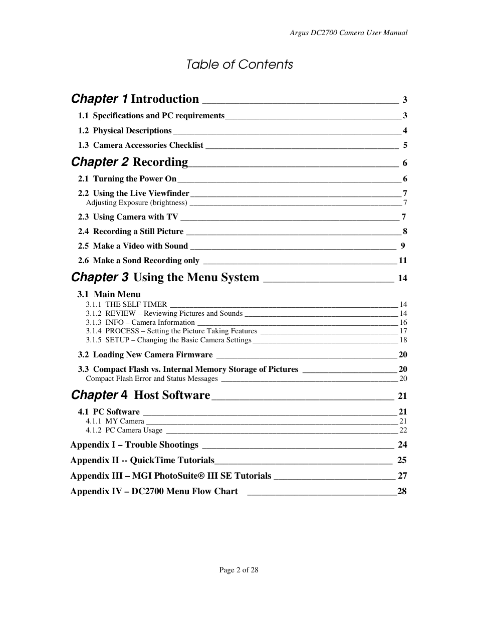 Table of contents chapter 1 introduction, Chapter 2, Recording | Chapter 3, Using the menu system, Chapter 4 host software | Argus Camera DC2700 User Manual | Page 2 / 28