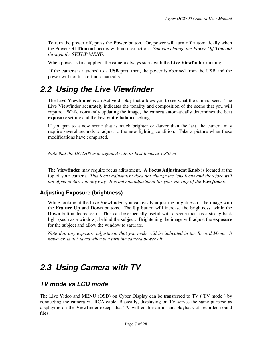 2 using the live viewfinder, 3 using camera with tv, Tv mode vs lcd mode | Argus Camera DC2700 User Manual | Page 7 / 28
