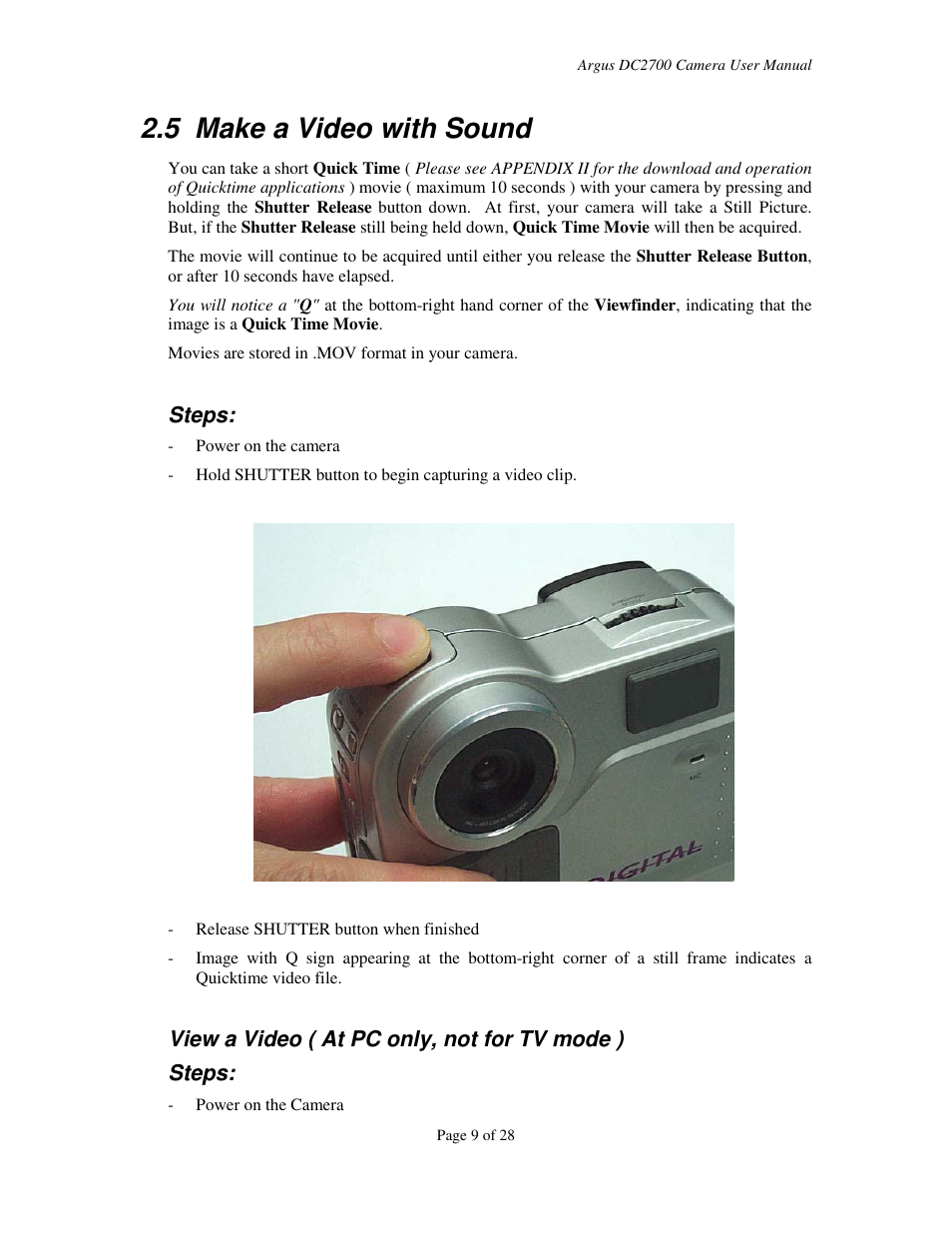 5 make a video with sound, Steps, View a video ( at pc only, not for tv mode ) steps | Argus Camera DC2700 User Manual | Page 9 / 28