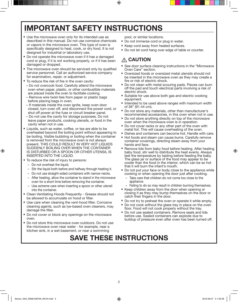 Important safety instructions, Save these instructions, Caution | Samsung SMH9207ST-XAA User Manual | Page 2 / 6