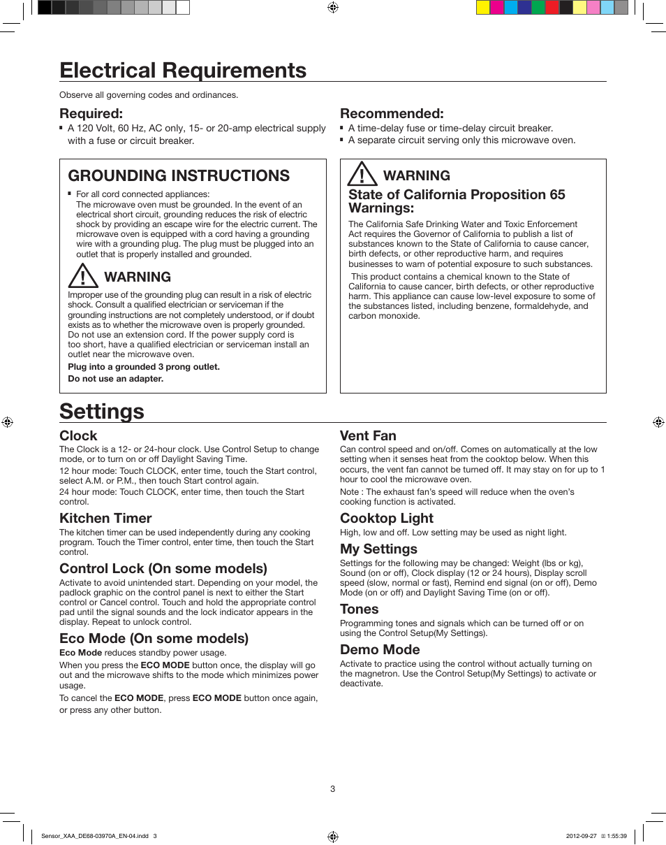 Electrical requirements settings, Grounding instructions, Required | Recommended, Clock, Kitchen timer, Control lock (on some models), Eco mode (on some models), Vent fan, Cooktop light | Samsung SMH9207ST-XAA User Manual | Page 3 / 6