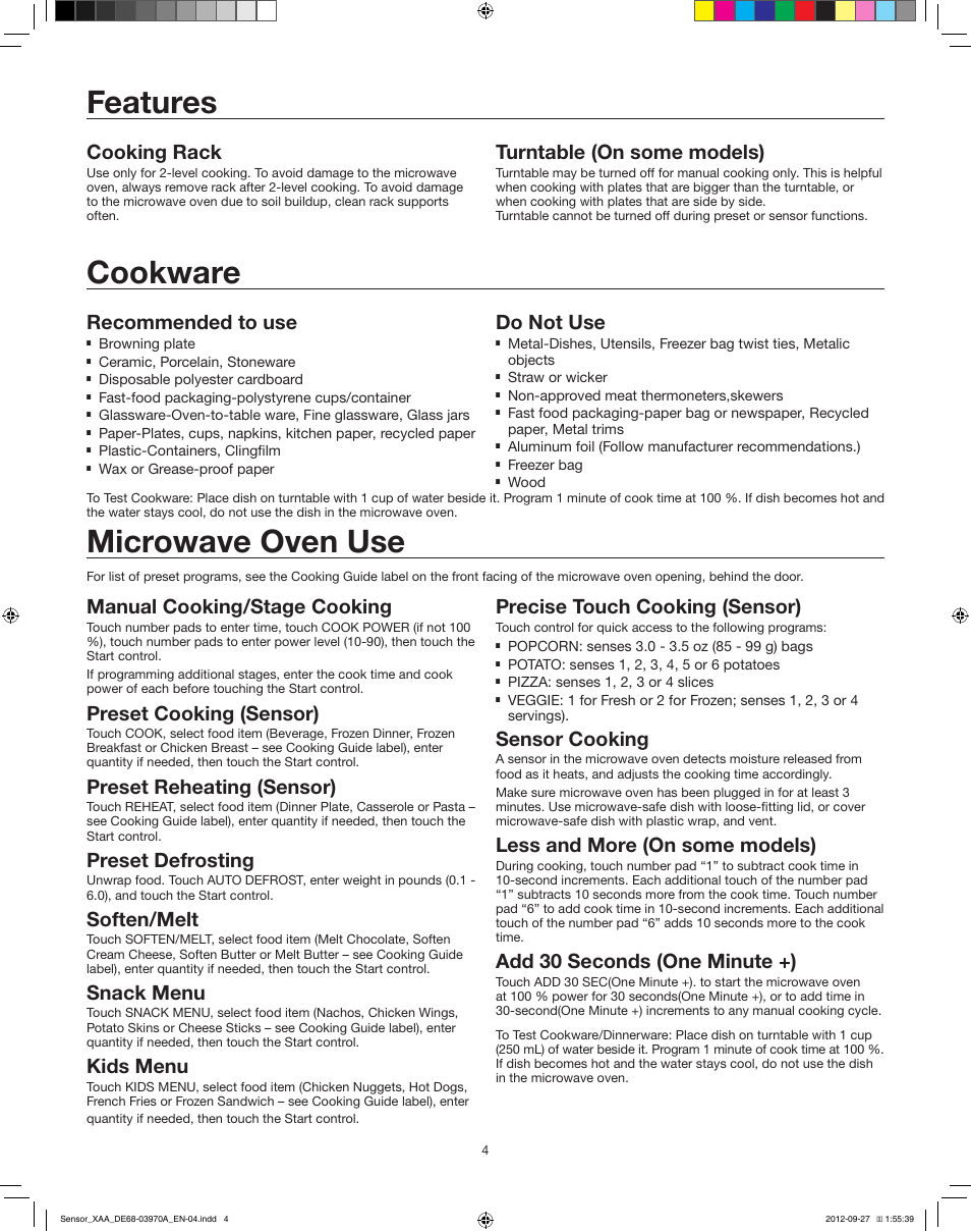 Microwave oven use, Cookware, Features | Manual cooking/stage cooking, Preset cooking (sensor), Preset reheating (sensor), Preset defrosting, Soften/melt, Snack menu, Kids menu | Samsung SMH9207ST-XAA User Manual | Page 4 / 6