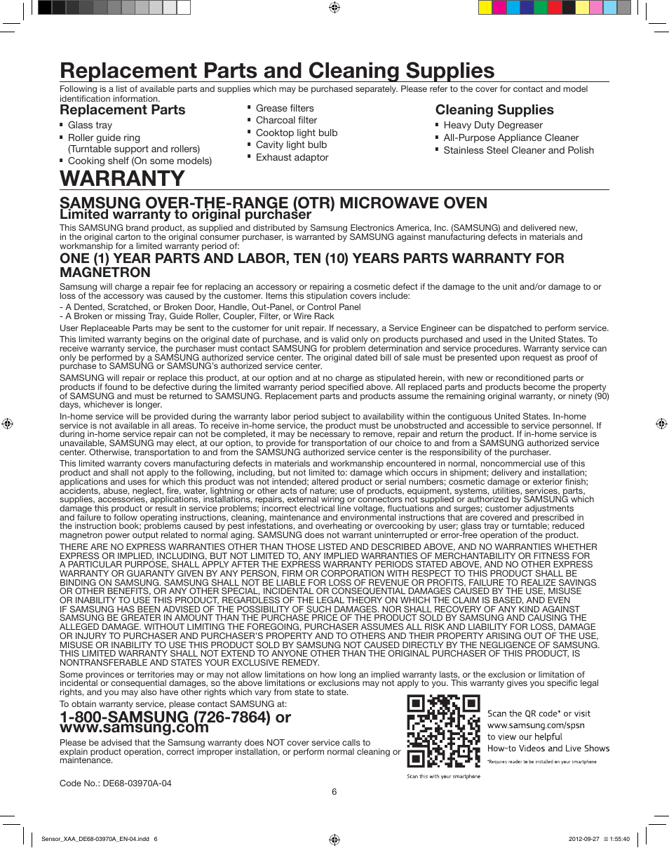 Replacement parts and cleaning supplies, Warranty, Samsung over-the-range (otr) microwave oven | Replacement parts, Cleaning supplies, Limited warranty to original purchaser | Samsung SMH9207ST-XAA User Manual | Page 6 / 6