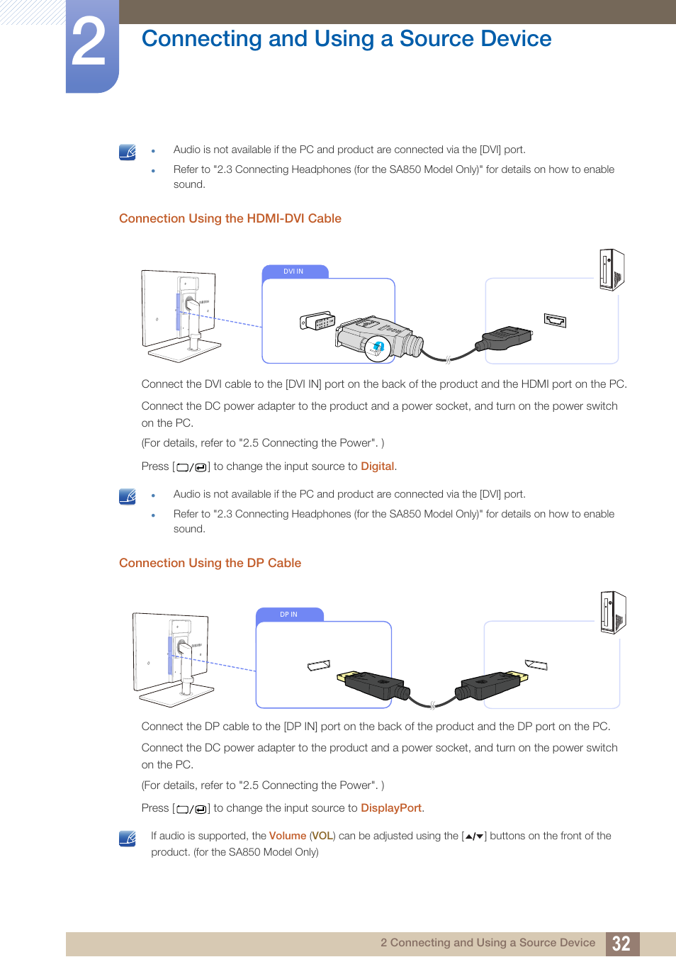 Connecting and using a source device | Samsung LS22A650DS-ZA User Manual | Page 32 / 96