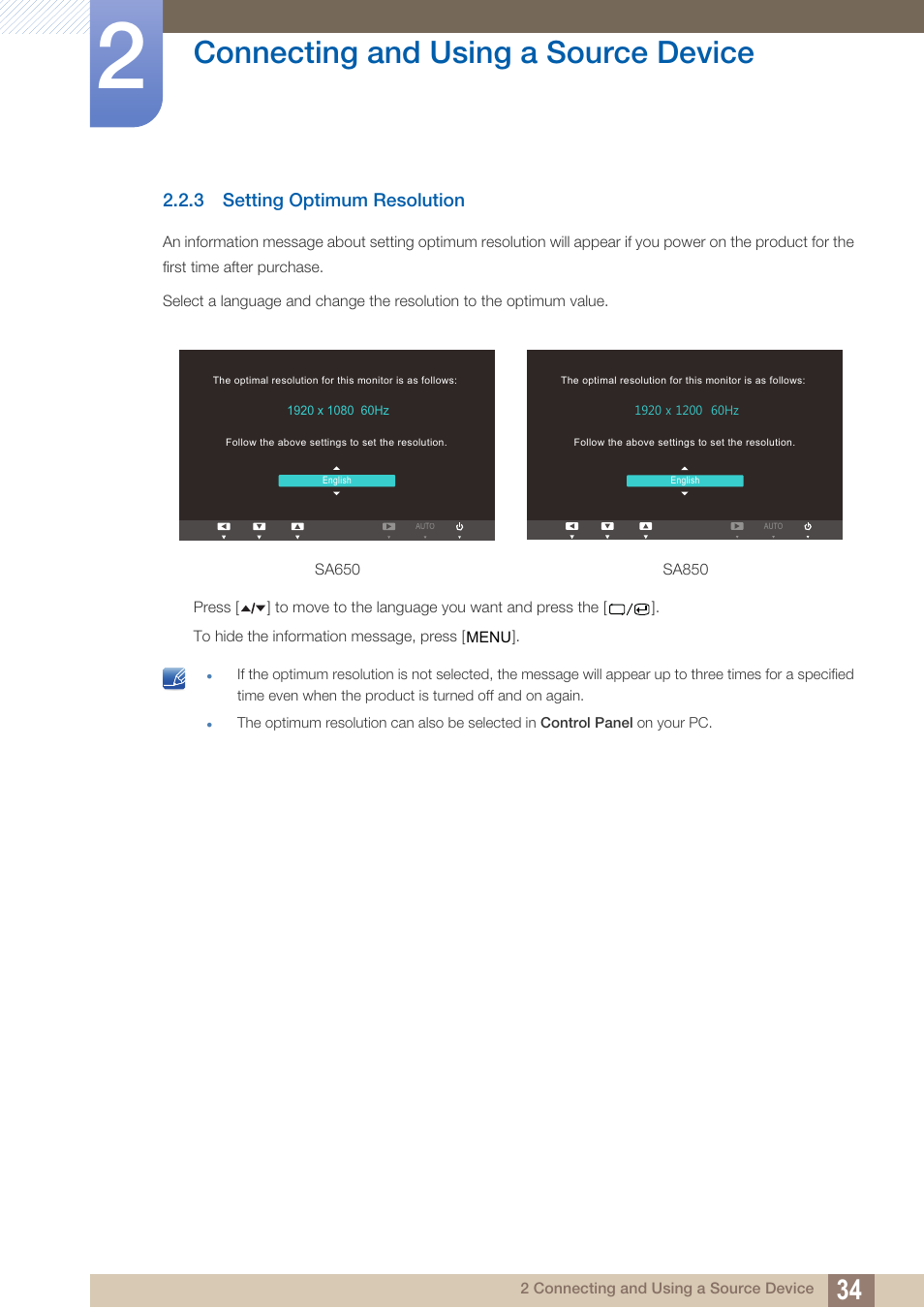 3 setting optimum resolution, Setting optimum resolution, Connecting and using a source device | Samsung LS22A650DS-ZA User Manual | Page 34 / 96