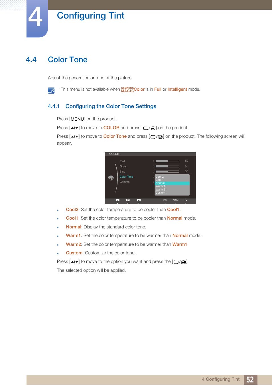 4 color tone, 1 configuring the color tone settings, Color tone | Configuring the color tone settings, Configuring tint | Samsung LS22A650DS-ZA User Manual | Page 52 / 96