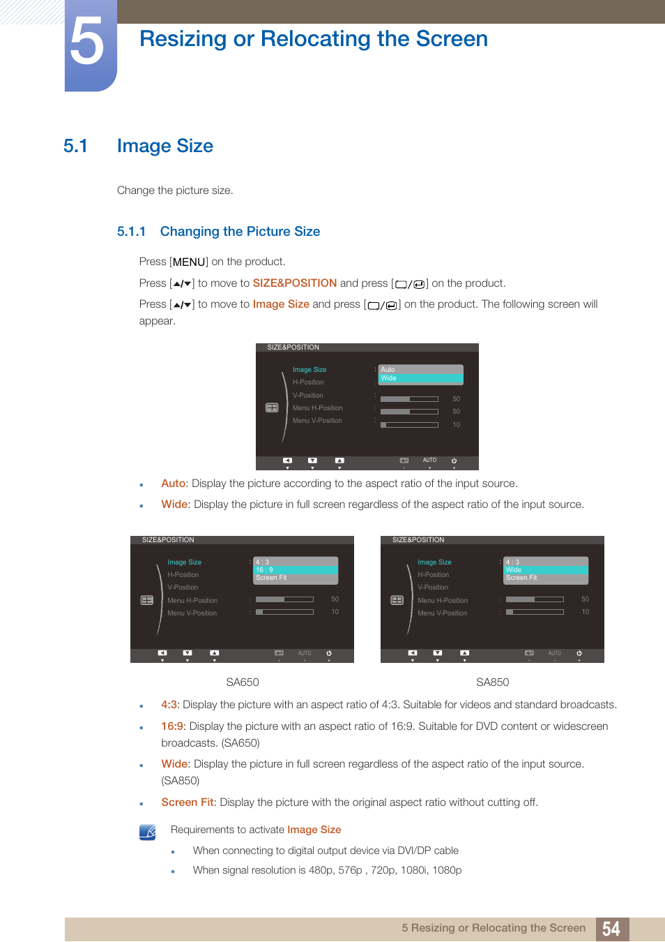 Resizing or relocating the screen, 1 image size, 1 changing the picture size | Resizing or, Relocating the, Screen, Image size, Changing the picture size | Samsung LS22A650DS-ZA User Manual | Page 54 / 96