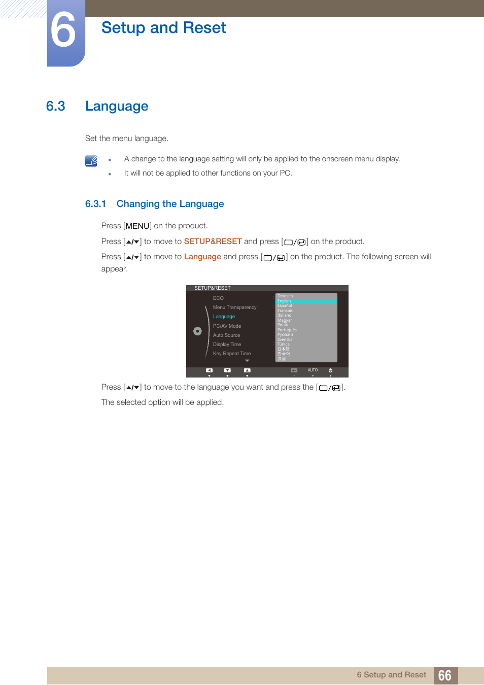 3 language, 1 changing the language, Language | Changing the language, Setup and reset | Samsung LS22A650DS-ZA User Manual | Page 66 / 96