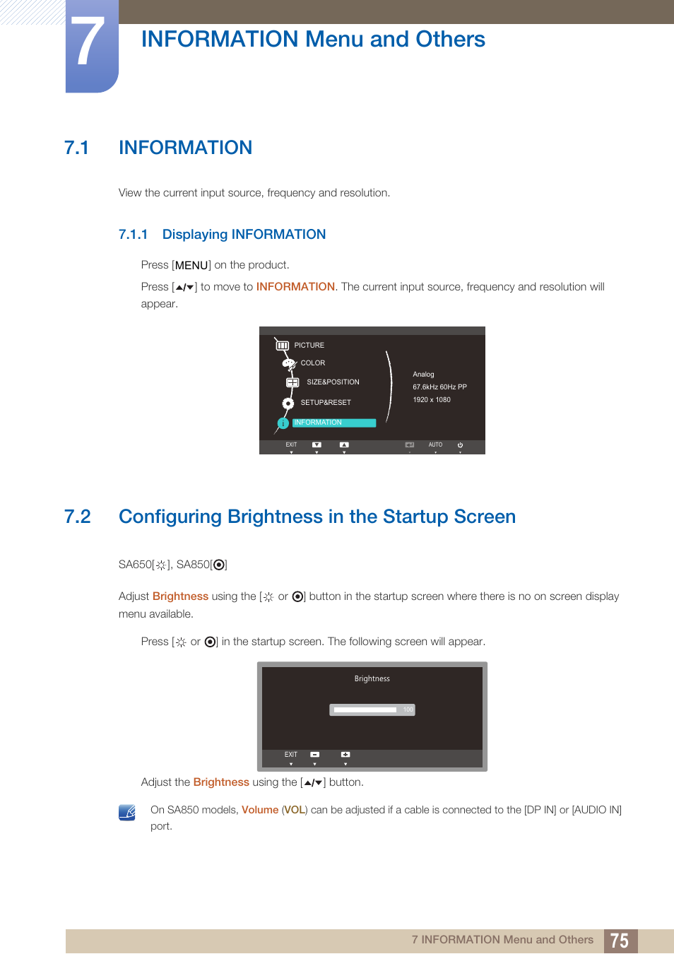 Information menu and others, 1 information, 1 displaying information | 2 configuring brightness in the startup screen, Information menu and, Others, Information, Displaying information, Configuring brightness in the startup screen | Samsung LS22A650DS-ZA User Manual | Page 75 / 96