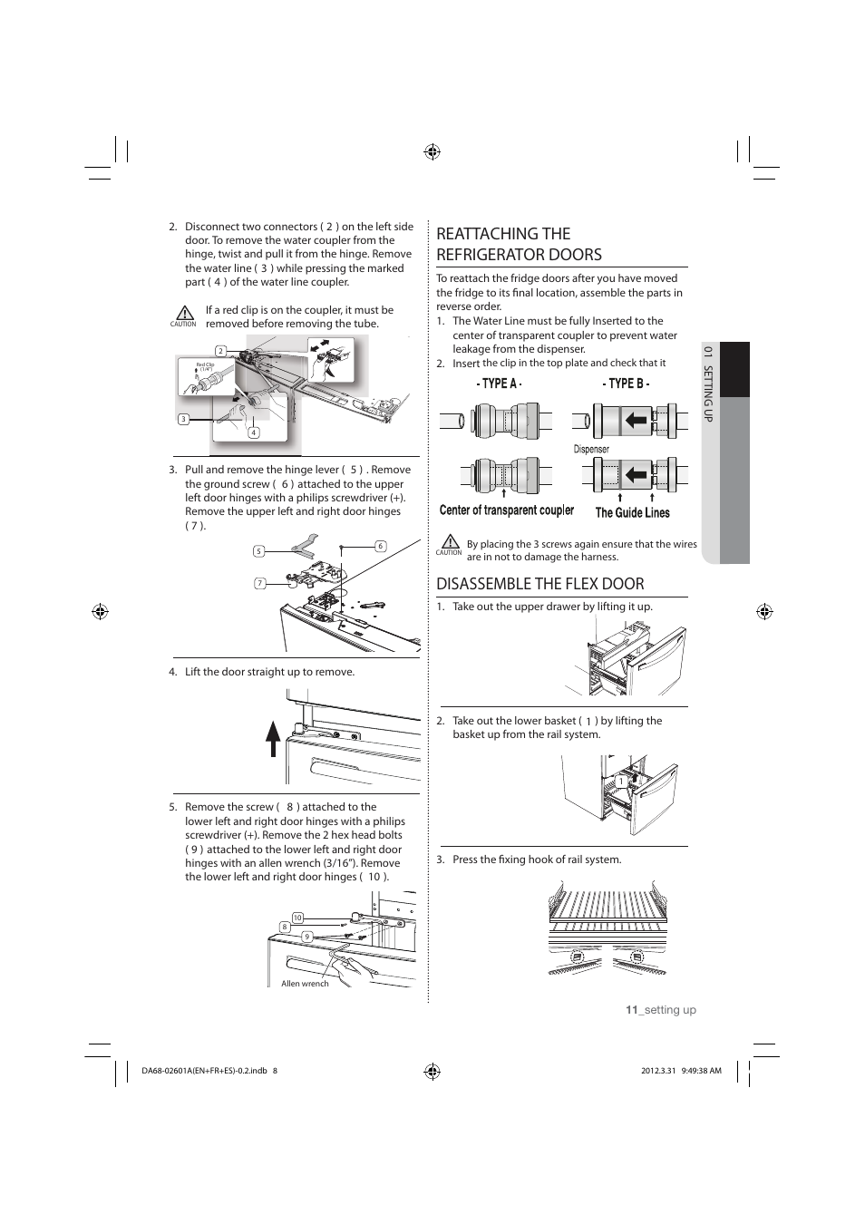 Reattaching the refrigerator doors, Disassemble the flex door | Samsung RF263TEAESP-AA User Manual | Page 11 / 92