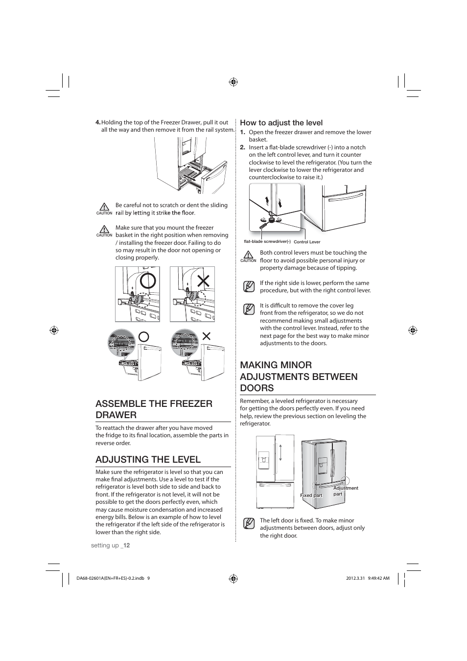 Assemble the freezer drawer, Adjusting the level, Making minor adjustments between doors | How to adjust the level | Samsung RF263TEAESP-AA User Manual | Page 12 / 92