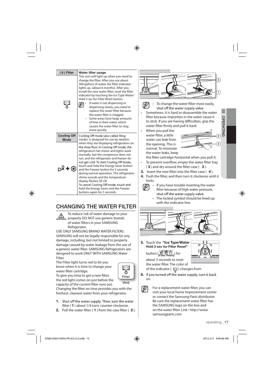 Changing the water filter | Samsung RF263TEAESP-AA User Manual | Page 17 / 92