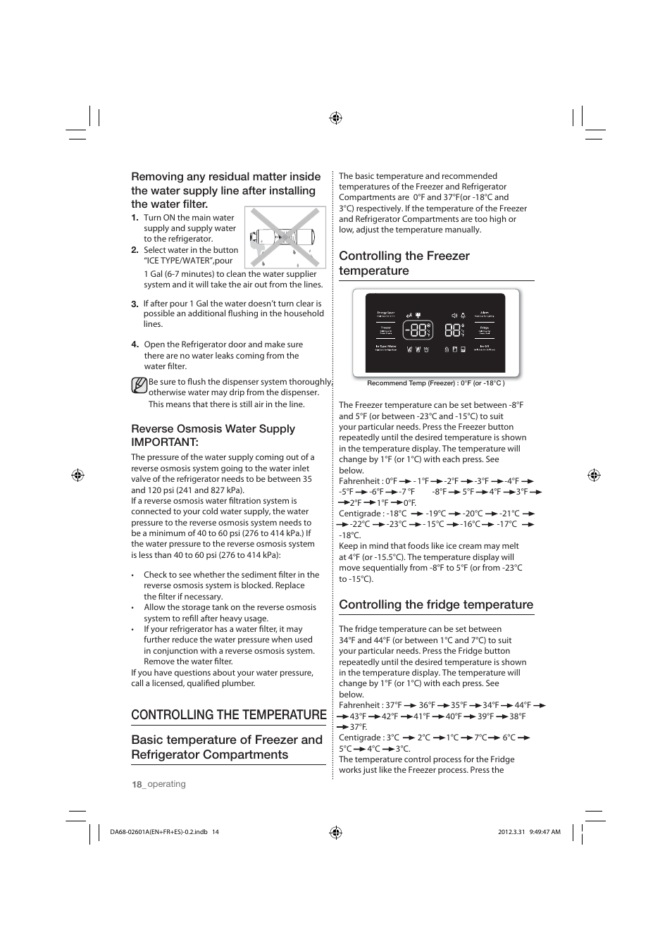 Controlling the temperature, Controlling the freezer temperature, Controlling the fridge temperature | Reverse osmosis water supply important | Samsung RF263TEAESP-AA User Manual | Page 18 / 92