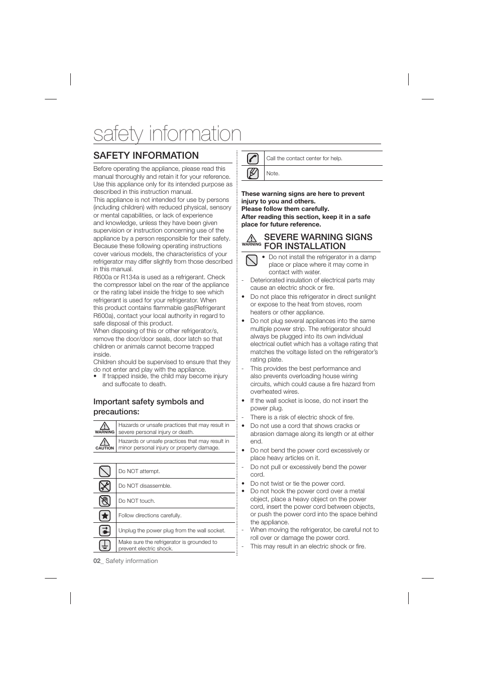 Safety information, Severe warning signs for installation, Important safety symbols and precautions | Samsung RF263TEAESP-AA User Manual | Page 2 / 92