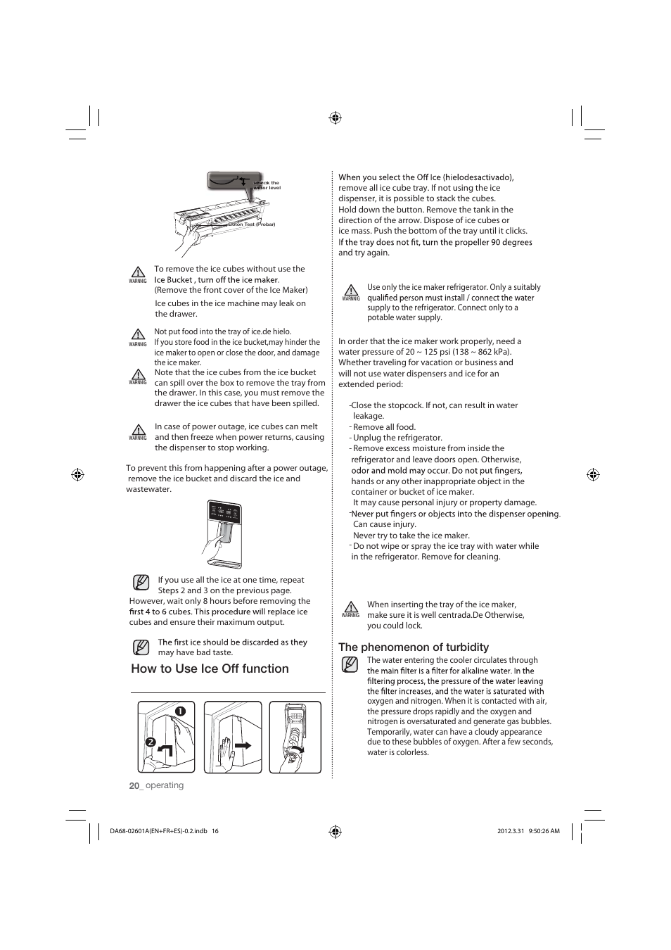 How to use ice off function, The phenomenon of turbidity | Samsung RF263TEAESP-AA User Manual | Page 20 / 92