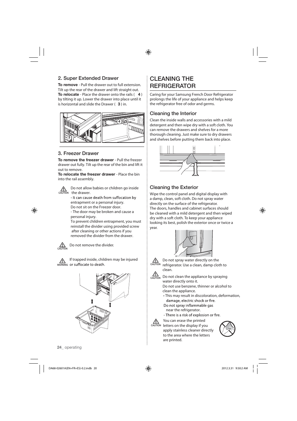 Cleaning the refrigerator, Super extended drawer, Freezer drawer | Cleaning the interior, Cleaning the exterior | Samsung RF263TEAESP-AA User Manual | Page 24 / 92