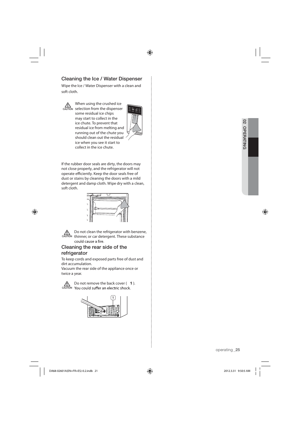 Cleaning the ice / water dispenser, Cleaning the rear side of the refrigerator | Samsung RF263TEAESP-AA User Manual | Page 25 / 92