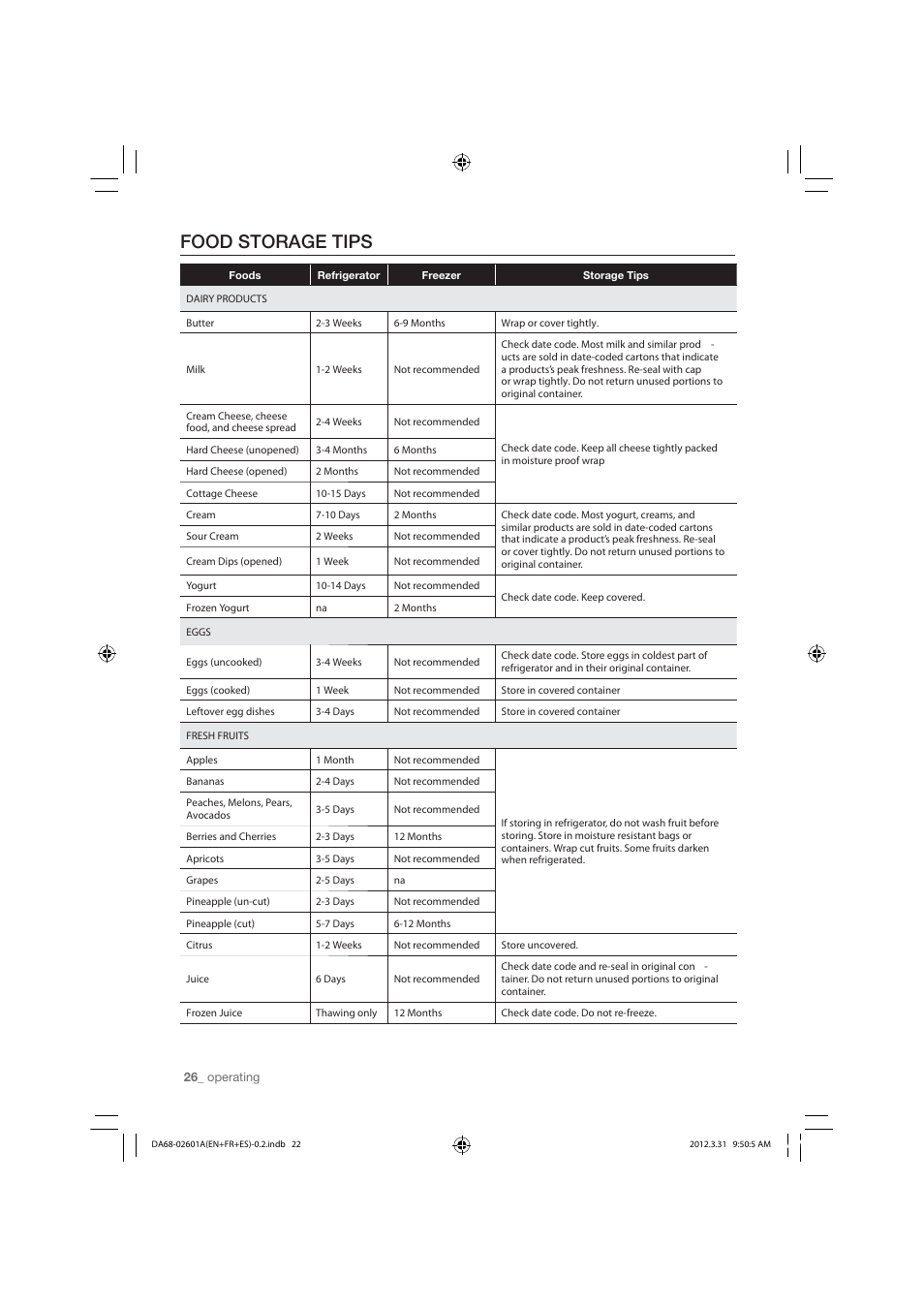 Food storage tips | Samsung RF263TEAESP-AA User Manual | Page 26 / 92