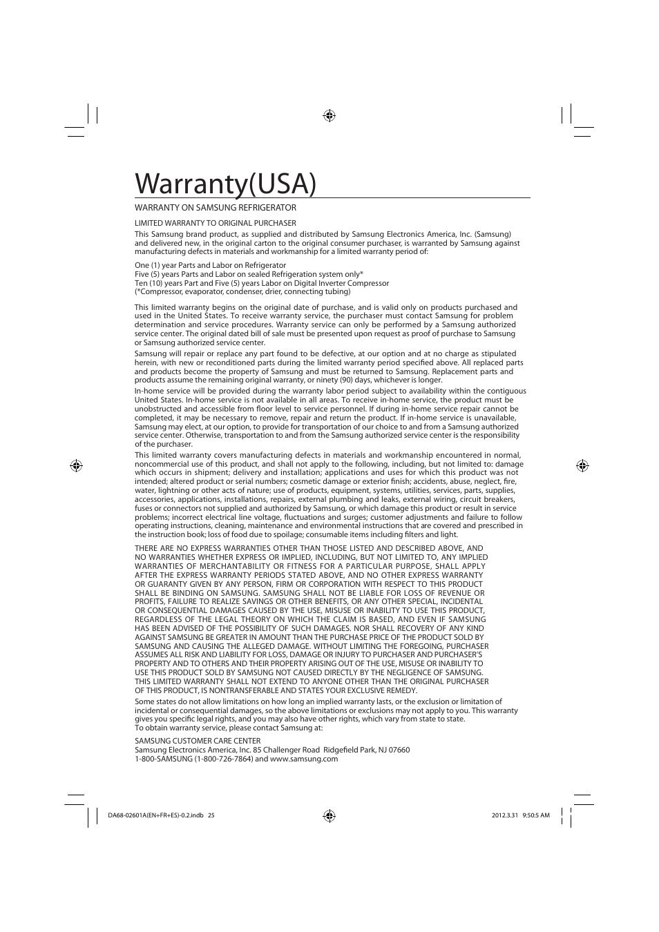 Warranty(usa) | Samsung RF263TEAESP-AA User Manual | Page 29 / 92