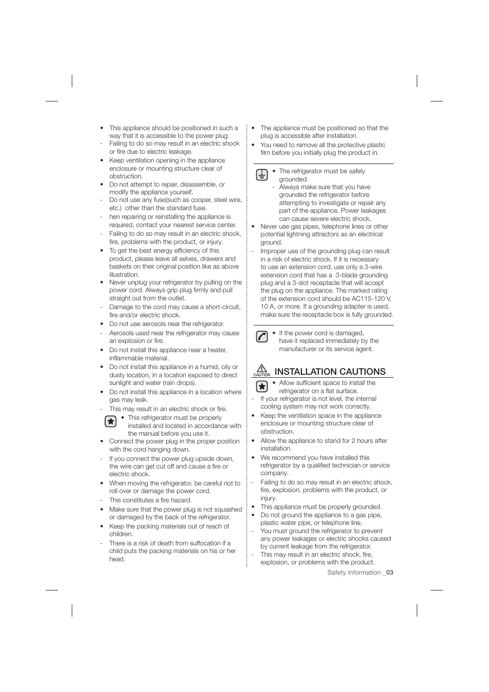 Installation cautions | Samsung RF263TEAESP-AA User Manual | Page 3 / 92