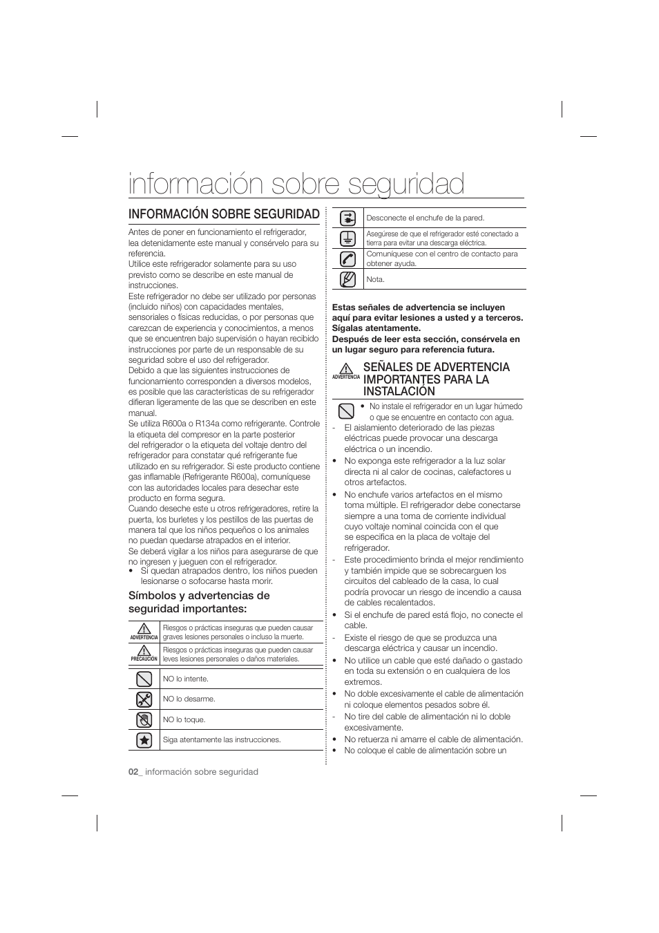 Información sobre seguridad, Símbolos y advertencias de seguridad importantes | Samsung RF263TEAESP-AA User Manual | Page 34 / 92