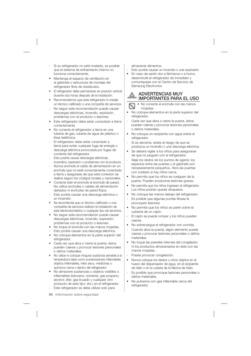 Advertencias muy importantes para el uso | Samsung RF263TEAESP-AA User Manual | Page 36 / 92