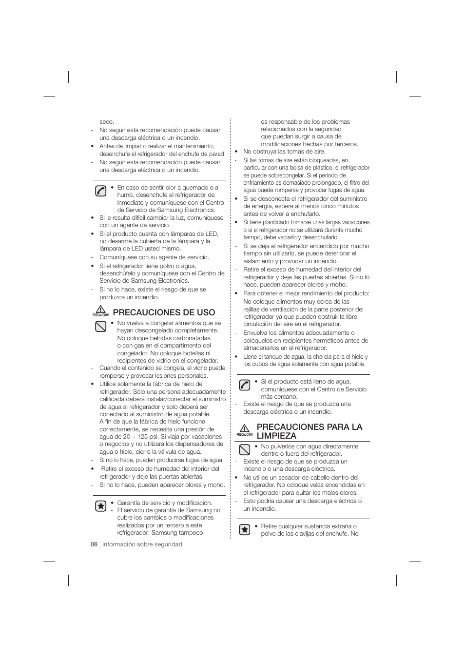 Precauciones de uso, Precauciones para la limpieza | Samsung RF263TEAESP-AA User Manual | Page 38 / 92