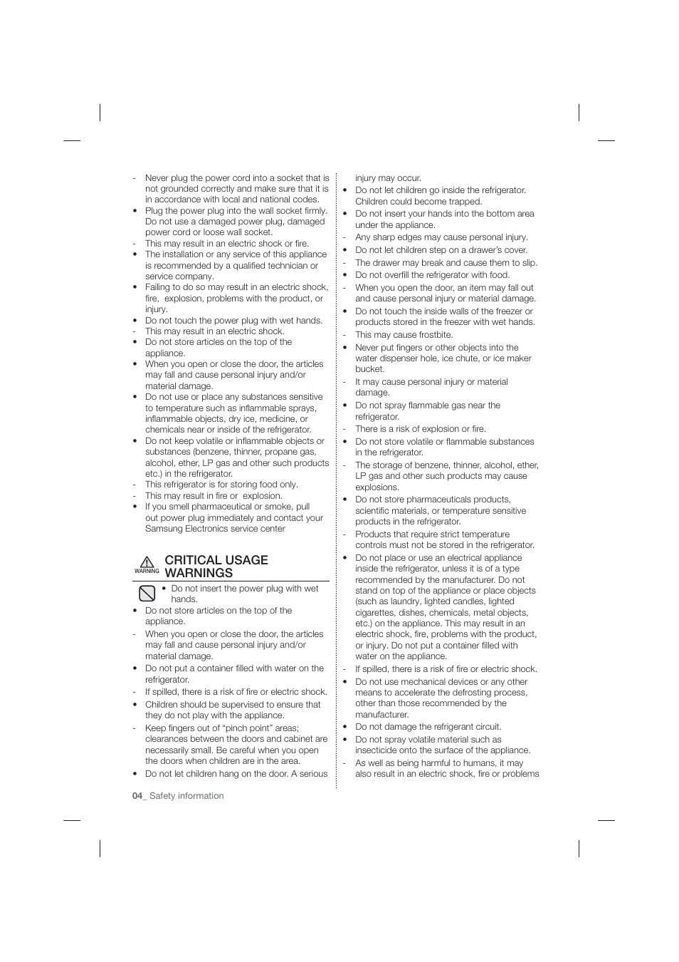 Critical usage warnings | Samsung RF263TEAESP-AA User Manual | Page 4 / 92