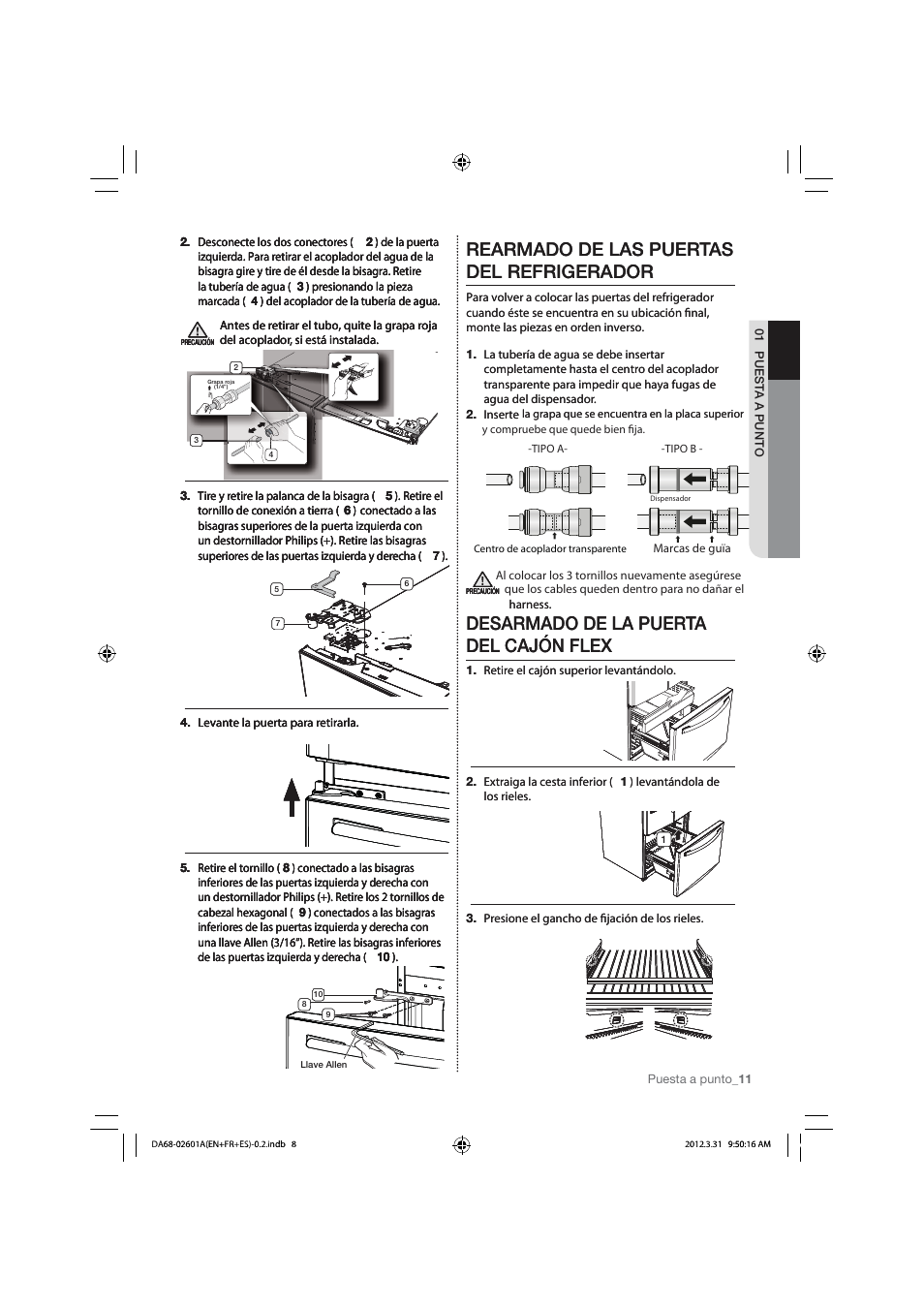 Rearmado de las puertas del refrigerador, Desarmado de la puerta del cajón flex | Samsung RF263TEAESP-AA User Manual | Page 43 / 92