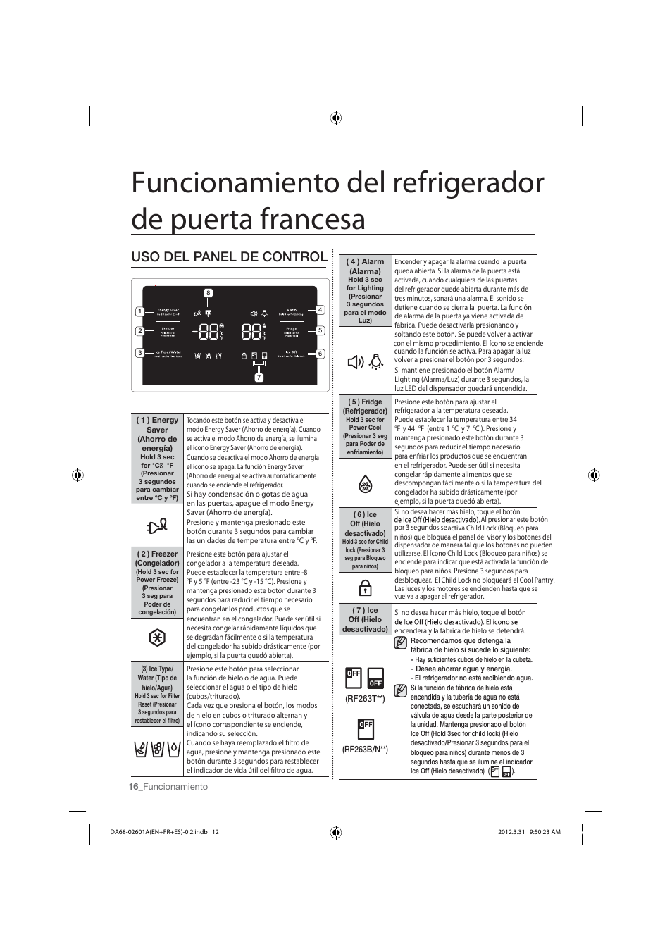 Funcionamiento del refrigerador de puerta francesa, Uso del panel de control | Samsung RF263TEAESP-AA User Manual | Page 48 / 92