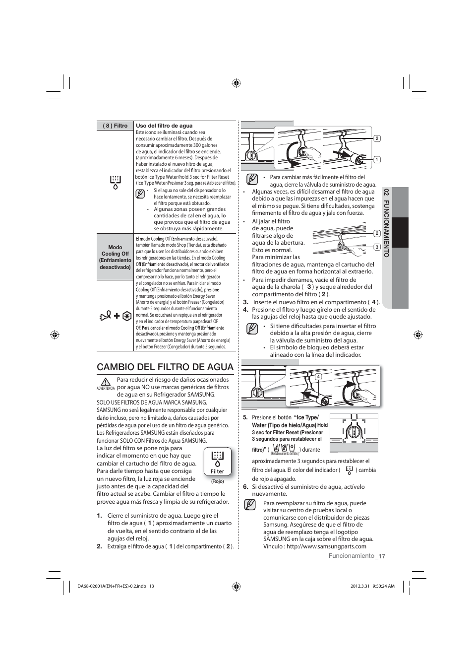 Cambio del filtro de agua | Samsung RF263TEAESP-AA User Manual | Page 49 / 92