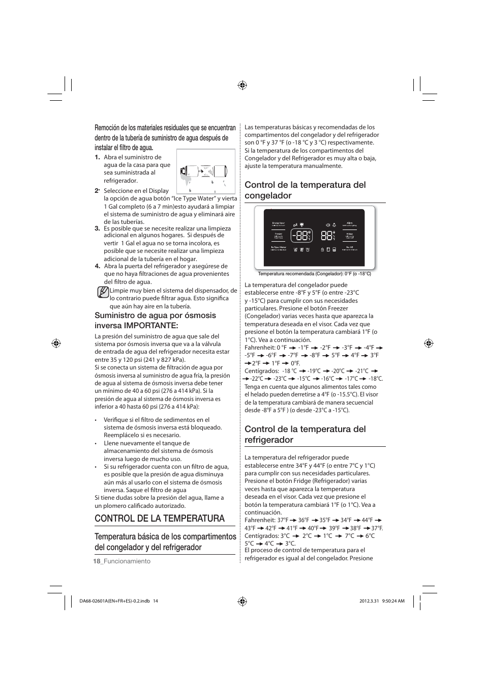 Control de la temperatura, Control de la temperatura del congelador, Control de la temperatura del refrigerador | Suministro de agua por ósmosis inversa importante | Samsung RF263TEAESP-AA User Manual | Page 50 / 92