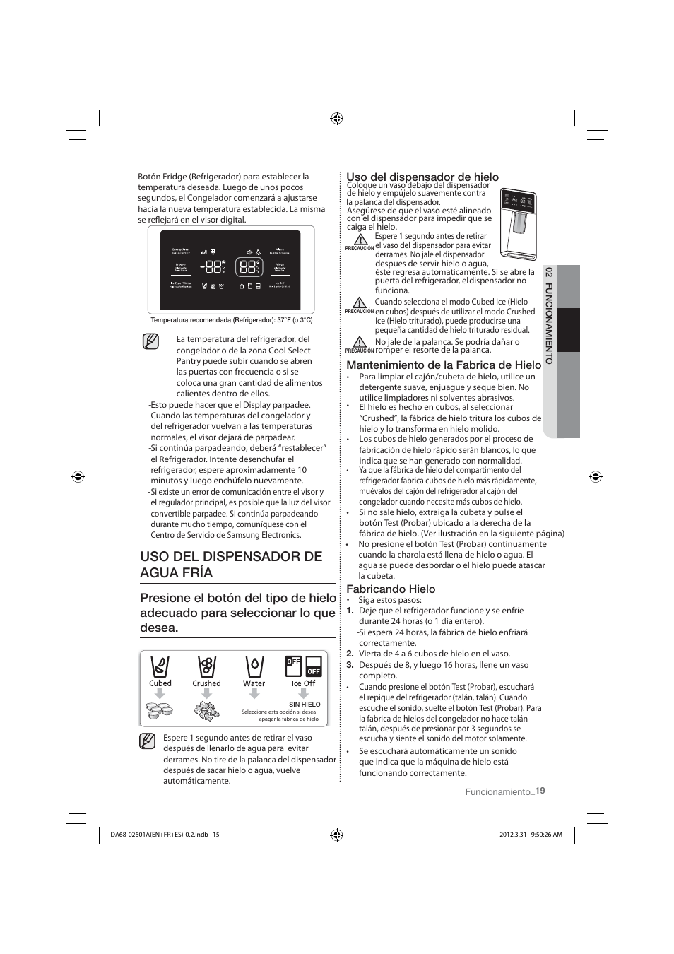 Uso del dispensador de agua fría | Samsung RF263TEAESP-AA User Manual | Page 51 / 92