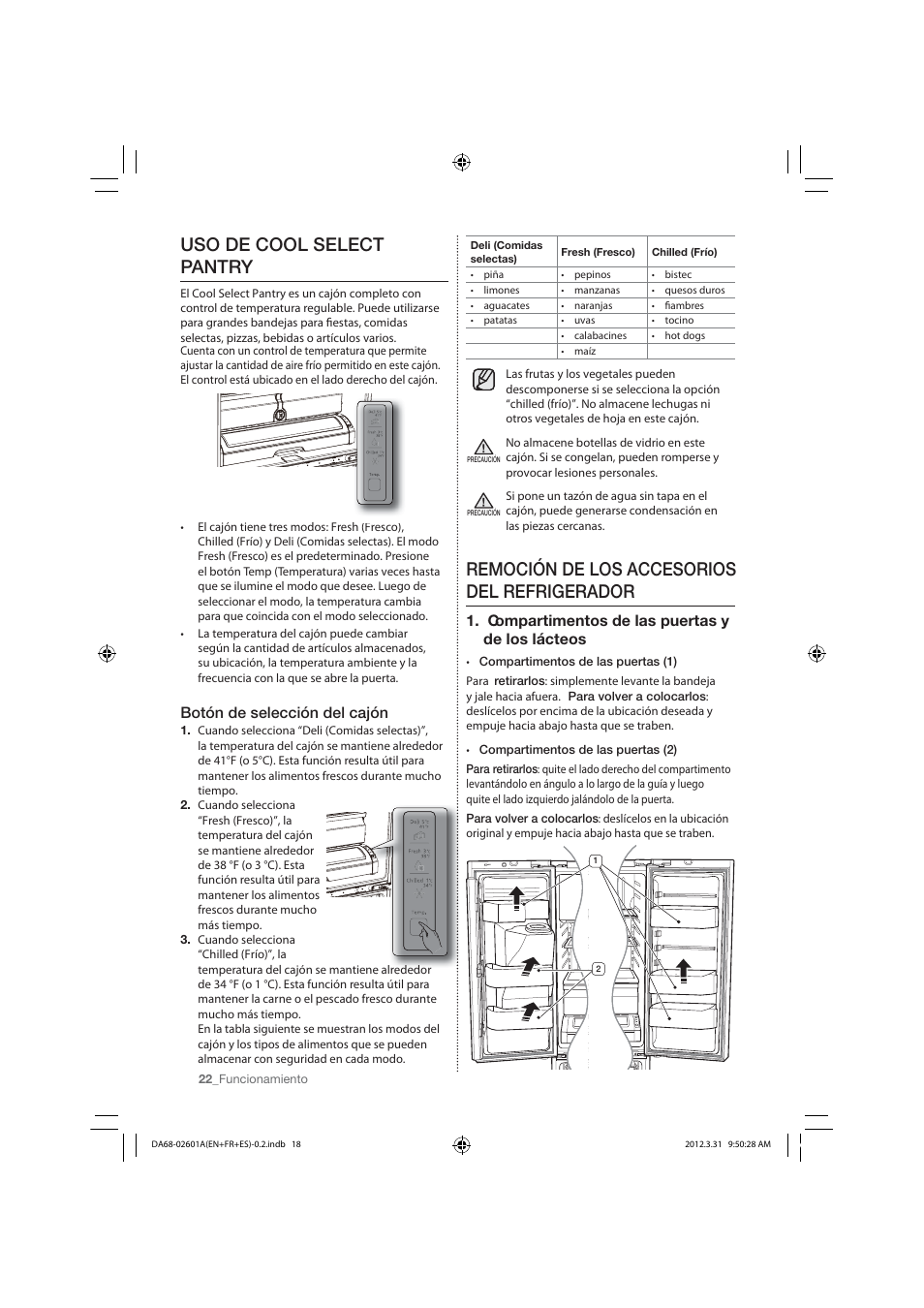 Uso de cool select pantry, Remoción de los accesorios del refrigerador, Botón de selección del cajón | Compartimentos de las puertas y de los lácteos | Samsung RF263TEAESP-AA User Manual | Page 54 / 92