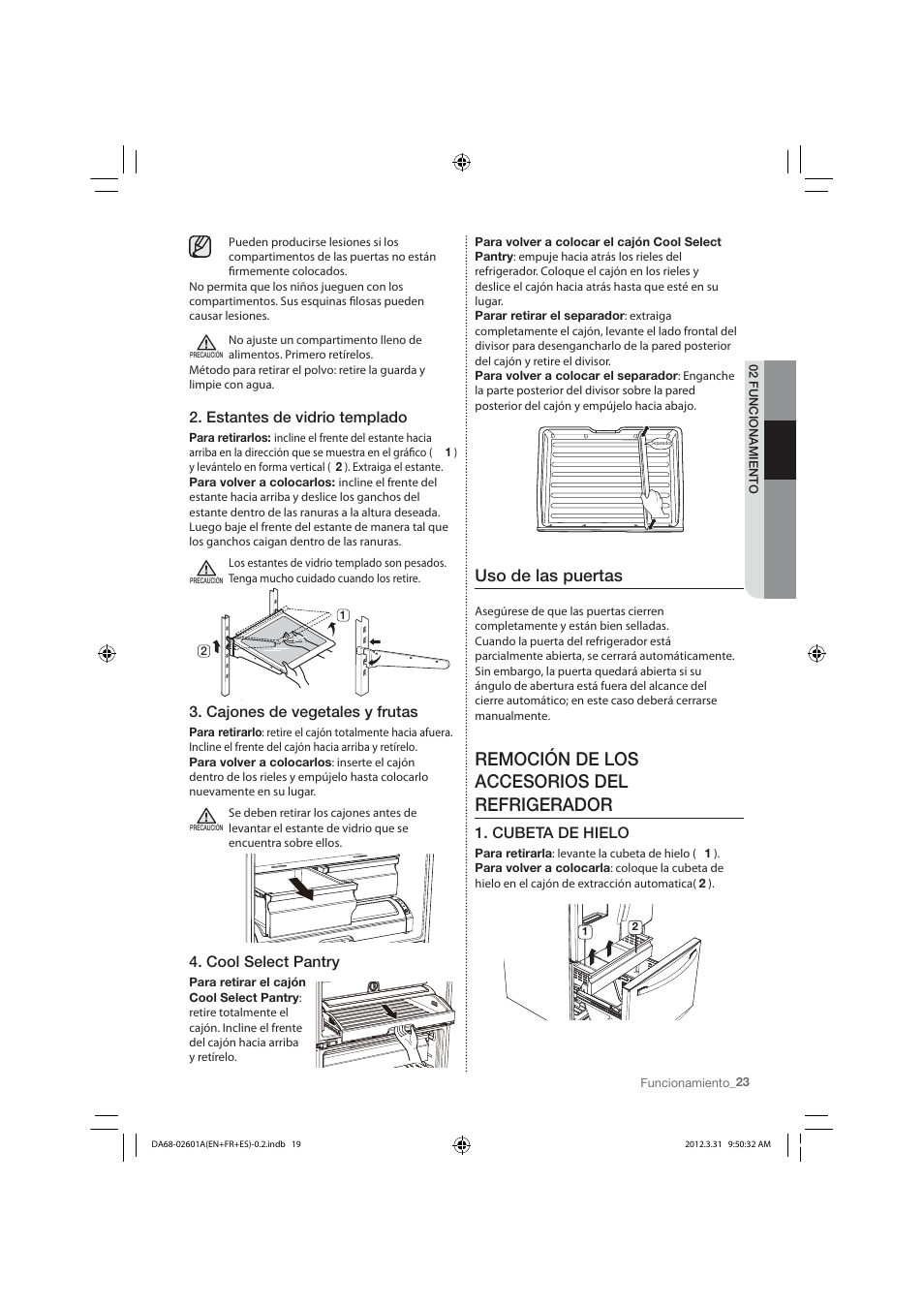 Remoción de los accesorios del refrigerador, Uso de las puertas, Estantes de vidrio templado | Cajones de vegetales y frutas, Cool select pantry, Cubeta de hielo | Samsung RF263TEAESP-AA User Manual | Page 55 / 92