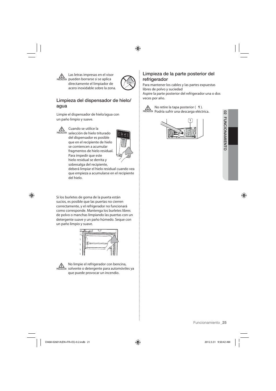 Limpieza del dispensador de hielo/ agua, Limpieza de la parte posterior del refrigerador | Samsung RF263TEAESP-AA User Manual | Page 57 / 92