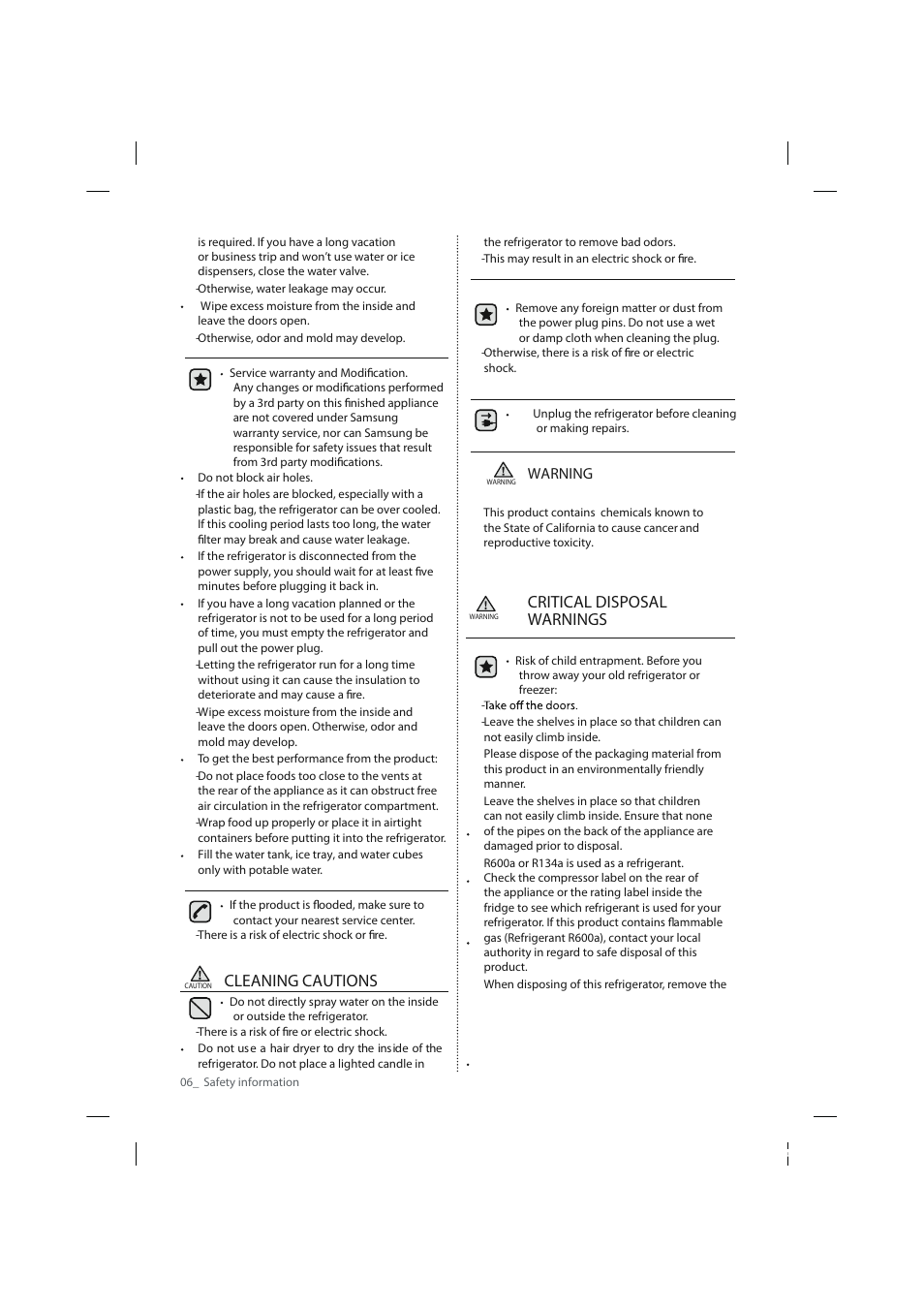 Cleaning cautions, Critical disposal warnings, Warning | Samsung RF263TEAESP-AA User Manual | Page 6 / 92