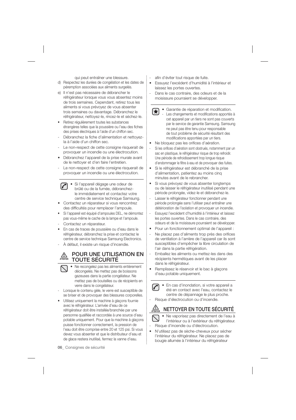 Pour une utilisation en toute sécurité, Nettoyer en toute sécurité | Samsung RF263TEAESP-AA User Manual | Page 68 / 92