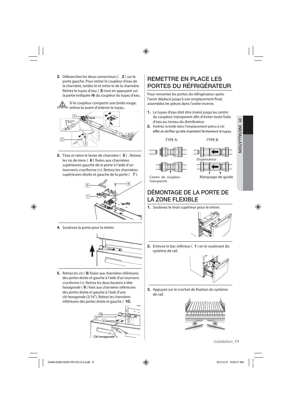 Remettre en place les portes du réfrigérateur, Démontage de la porte de la zone flexible | Samsung RF263TEAESP-AA User Manual | Page 73 / 92