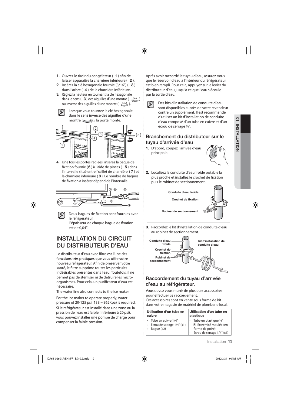 Installation du circuit du distributeur d’eau | Samsung RF263TEAESP-AA User Manual | Page 75 / 92