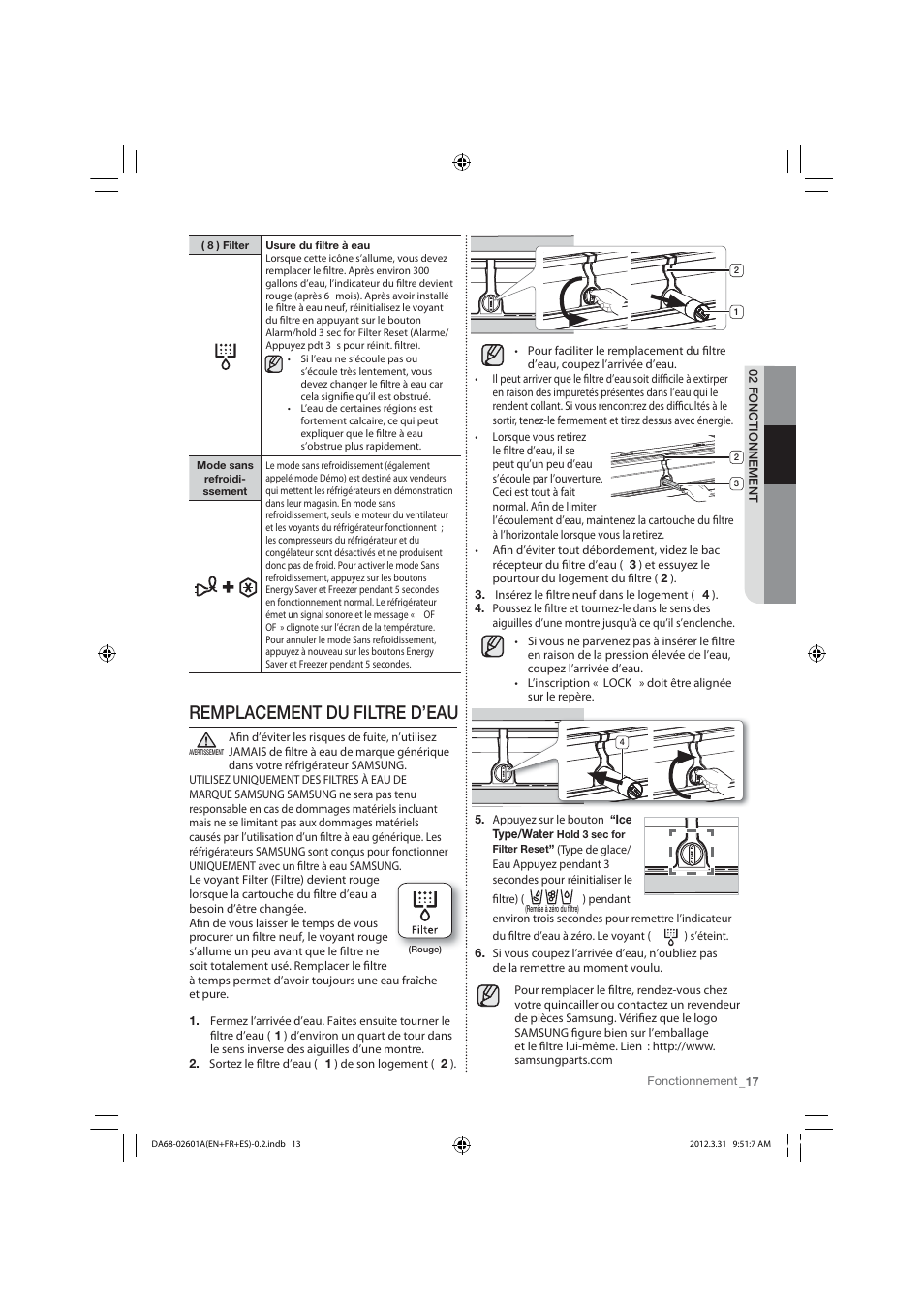 Remplacement du filtre d’eau | Samsung RF263TEAESP-AA User Manual | Page 79 / 92