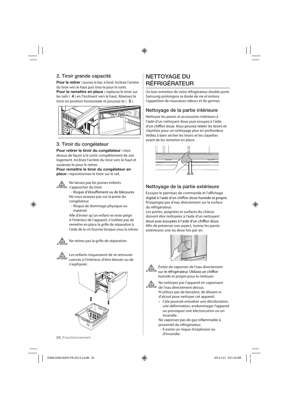 Nettoyage du réfrigérateur, Tiroir grande capacité, Tiroir du congélateur | Nettoyage de la partie intérieure, Nettoyage de la partie extérieure | Samsung RF263TEAESP-AA User Manual | Page 86 / 92