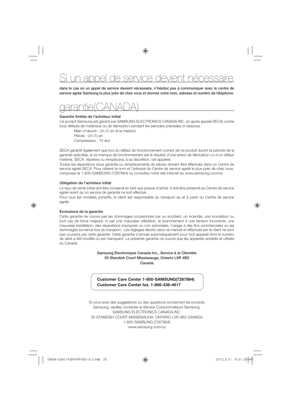 Si un appel de service devient nécessaire, Garantie(canada) | Samsung RF263TEAESP-AA User Manual | Page 91 / 92