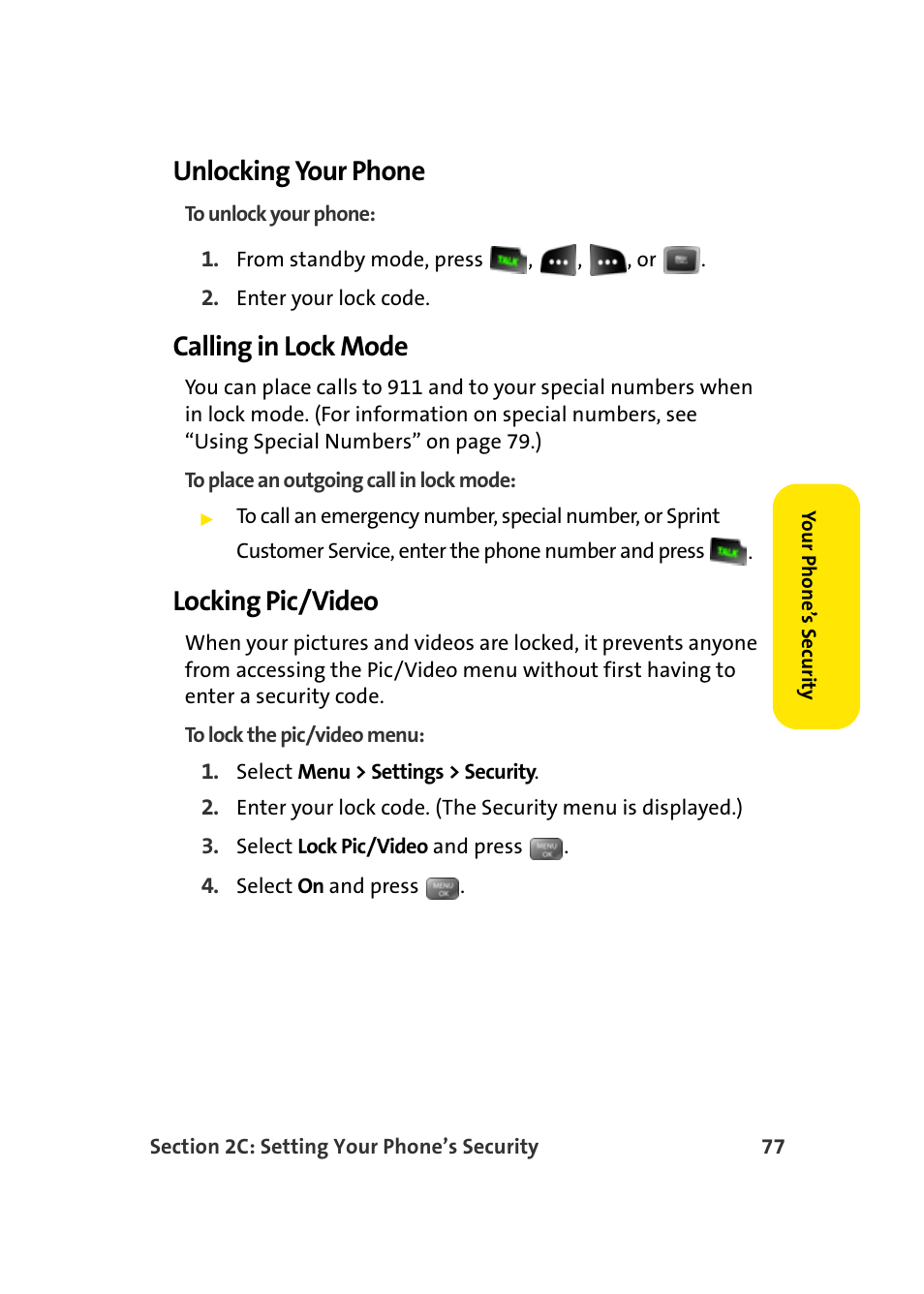 Unlocking your phone, Calling in lock mode, Locking pic/video | Samsung SEPM500BKASPR User Manual | Page 101 / 257