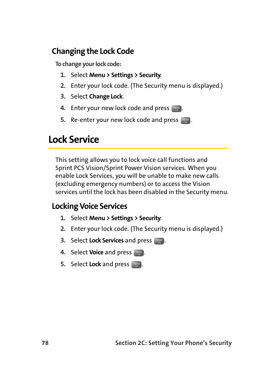 Changing the lock code, Lock service, Locking voice services | Samsung SEPM500BKASPR User Manual | Page 102 / 257