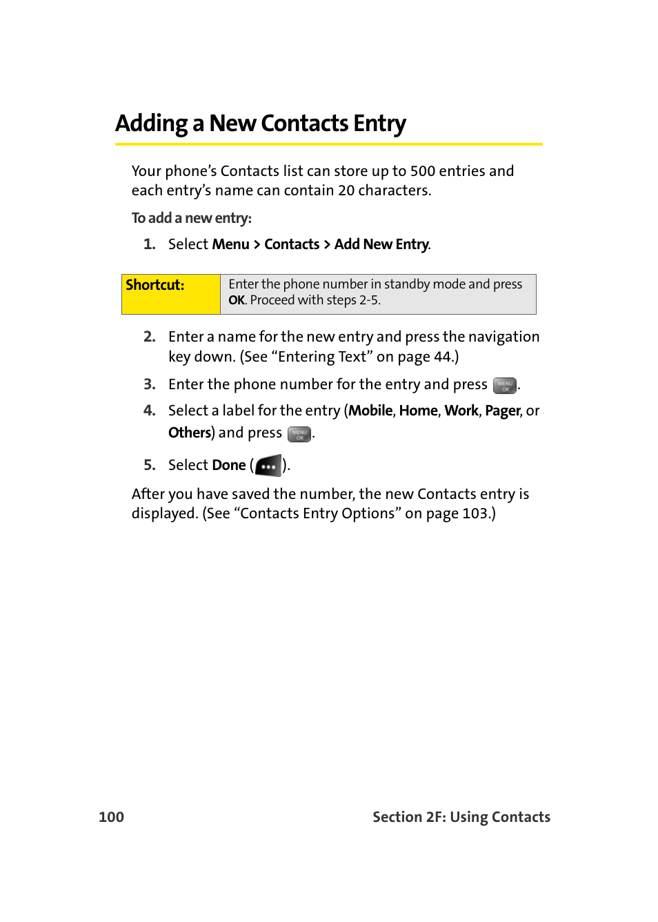 Adding a new contacts entry | Samsung SEPM500BKASPR User Manual | Page 124 / 257