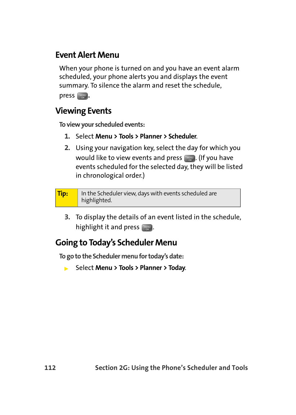 Event alert menu, Viewing events, Going to today’s scheduler menu | Samsung SEPM500BKASPR User Manual | Page 136 / 257