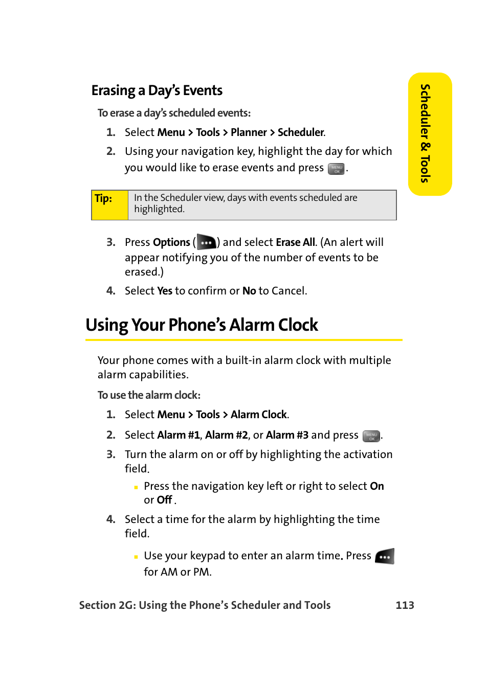 Erasing a day’s events, Using your phone’s alarm clock | Samsung SEPM500BKASPR User Manual | Page 137 / 257