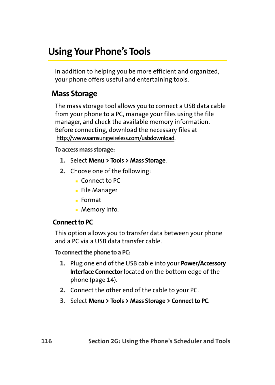 Using your phone’s tools, Mass storage | Samsung SEPM500BKASPR User Manual | Page 140 / 257